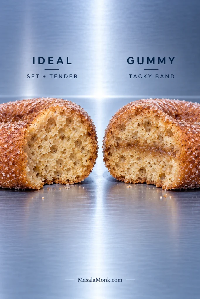 Two broken donuts labeled ideal and gummy, with the gummy donut showing a narrow tacky band through otherwise baked crumb.
