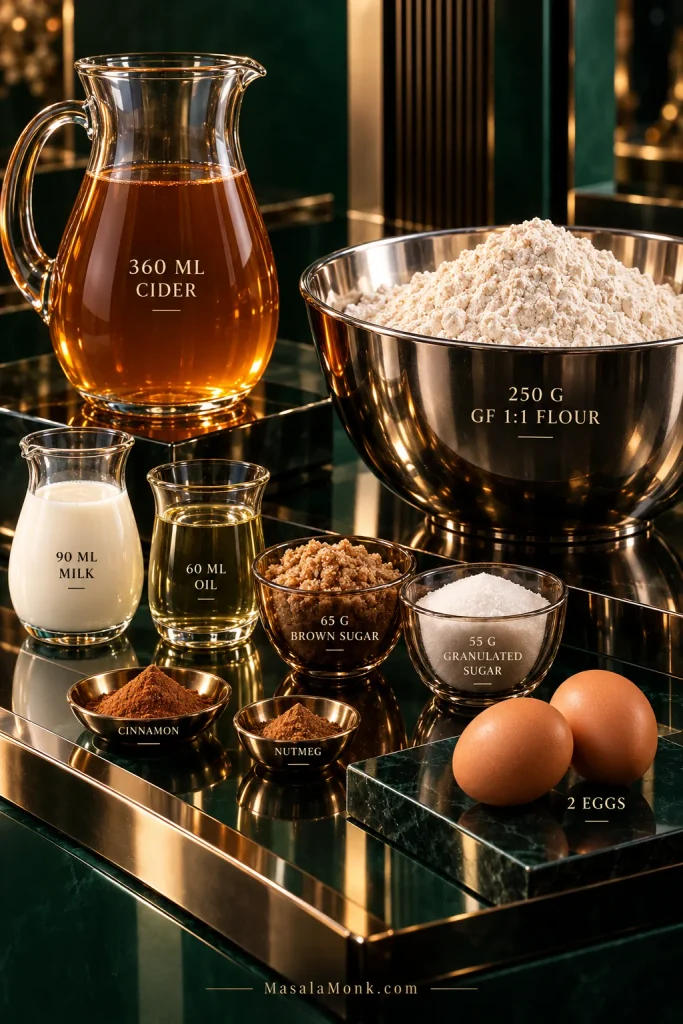 Apple cider, gluten-free baking flour, two eggs, milk, oil, sugars and spices arranged on an emerald and chrome set.
