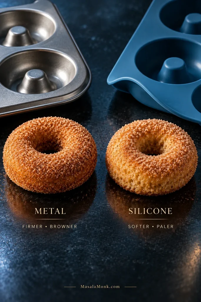 Baked donuts beside a metal donut pan and a blue silicone pan, labeled metal firmer and browner, silicone softer and paler.