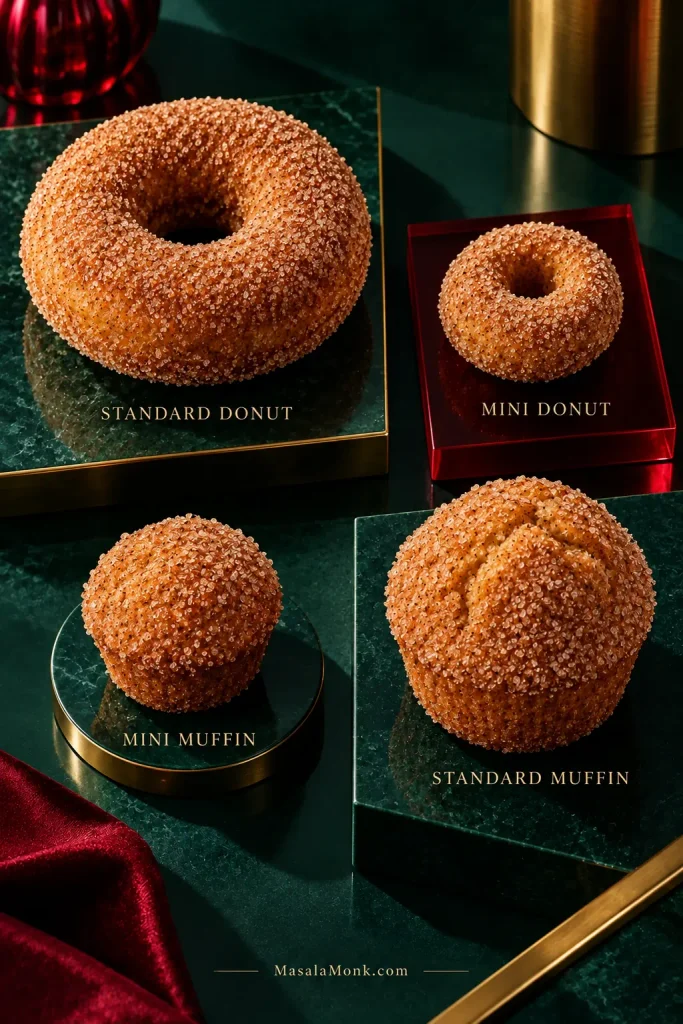 Standard donut, mini donut, mini muffin and regular muffin made from the same cinnamon-sugar batter, each labeled by shape.