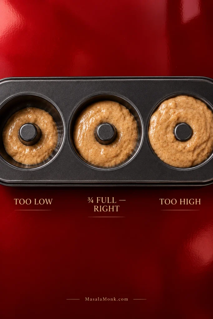 Three donut-pan cavities labeled too low, three-quarters full right, and too high, each containing a different amount of batter.