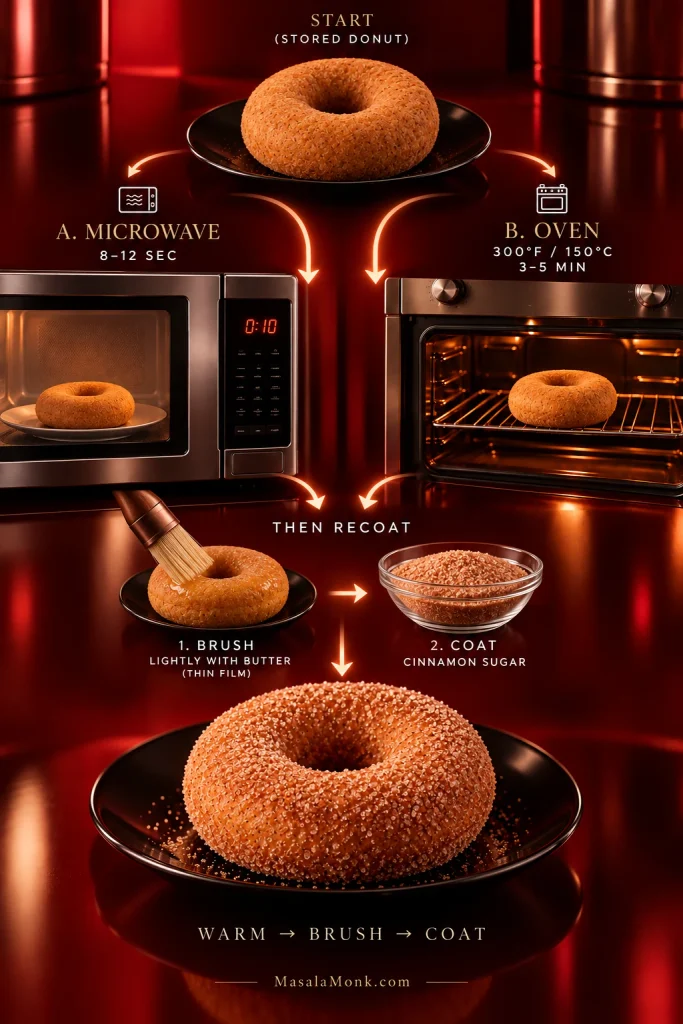 Reheating guide showing a plain stored donut going to a microwave or oven, then being lightly brushed and coated with cinnamon sugar.