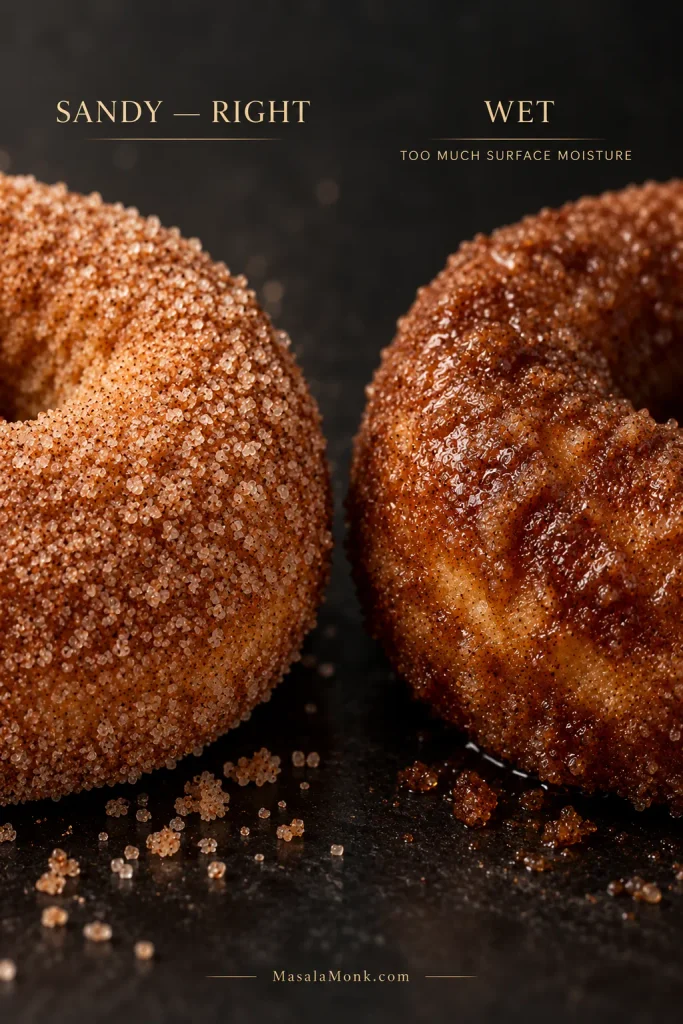 Two cinnamon-sugar donuts labeled sandy right and wet, with one dry and crystalline and the other glossy with partially dissolved sugar.