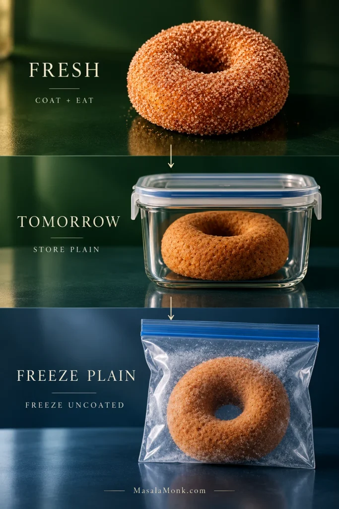 Three-stage storage guide showing a fresh coated donut, a plain donut stored for tomorrow and an uncoated donut prepared for freezing.