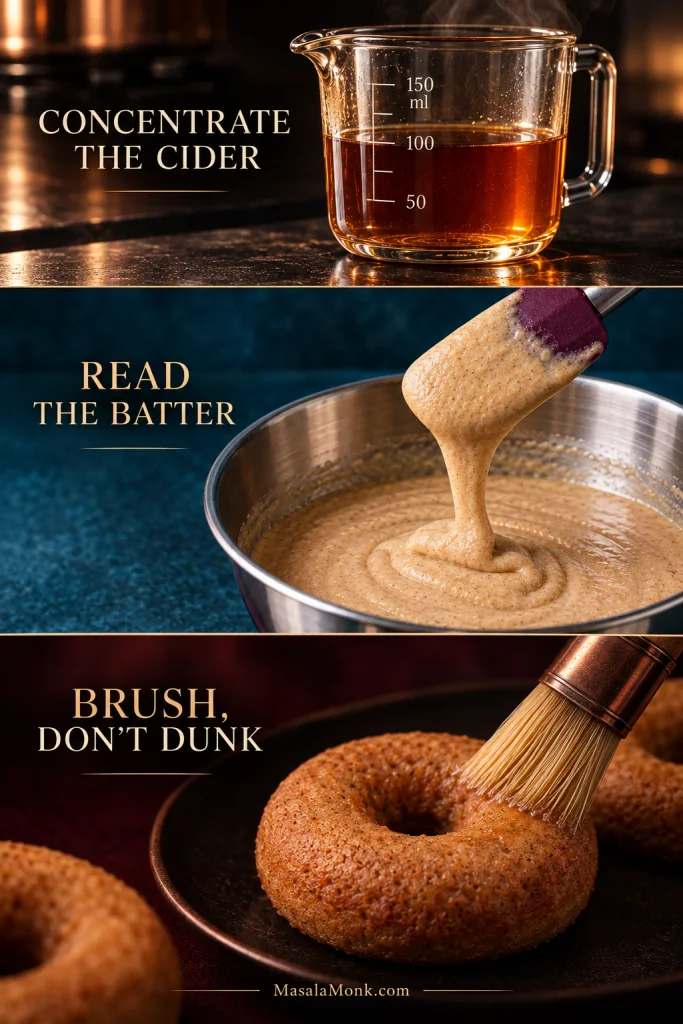Three photographic bands showing reduced cider, thick donut batter and a pastry brush applying a light coating to a baked donut.