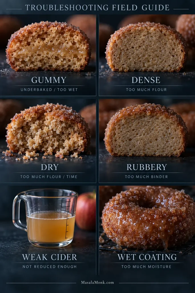 Six-panel donut troubleshooting guide showing gummy, dense, dry and rubbery crumb, weak unreduced cider and a wet cinnamon-sugar coating.