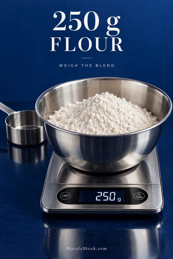Stainless steel bowl of flour on a digital kitchen scale displaying 250 grams against a deep cobalt background.