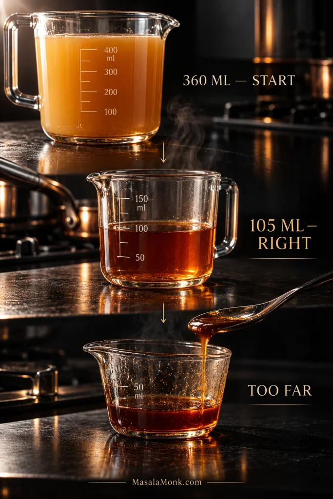 Three stages of apple cider reduction labeled 360 milliliters start, 105 milliliters right, and too far, with the liquid becoming darker and thicker.