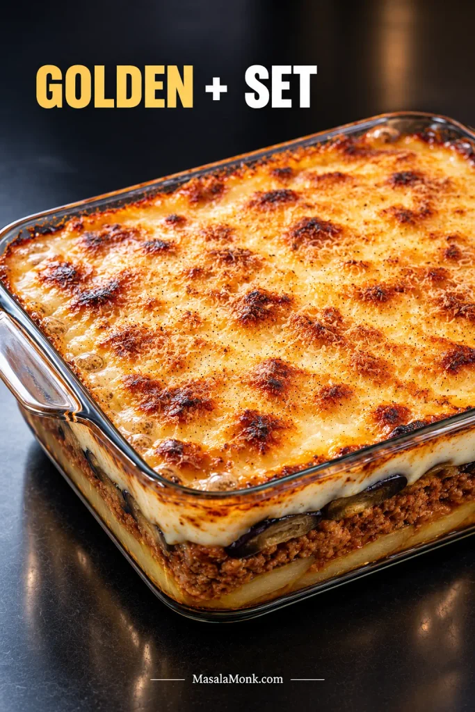 Whole baked moussaka in a rectangular glass casserole with a deeply golden béchamel surface and irregular darker toasted patches.