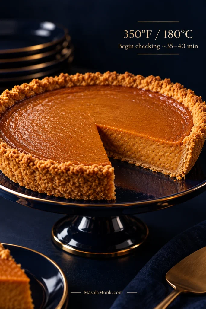 Pumpkin pie with a golden graham cracker crumb crust and one slice removed, with text noting 350°F or 180°C and checking around 35–40 minutes.