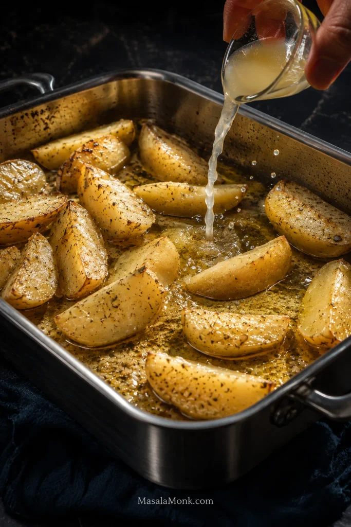 Fresh lemon juice being poured into the spaces around partially roasted potato wedges in a stainless pan, with cooking liquid still visible around the softened potatoes.