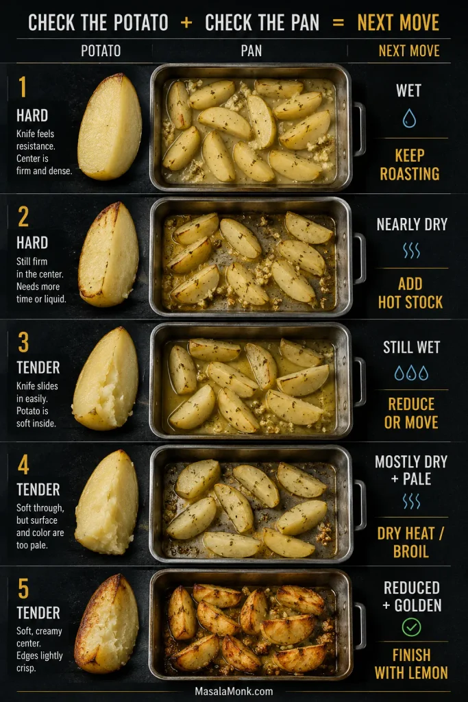 Five-stage cooking guide comparing potato tenderness with pan moisture to show when Greek lemon potatoes need more roasting, more stock, reduction, dry heat, or a final lemon finish.