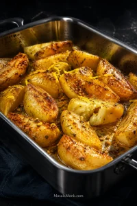 Finished Greek lemon potato wedges in a stainless roasting tray with deeply browned cut faces, softer glossy sides, oregano and concentrated pan juices; one split wedge shows the creamy interior.