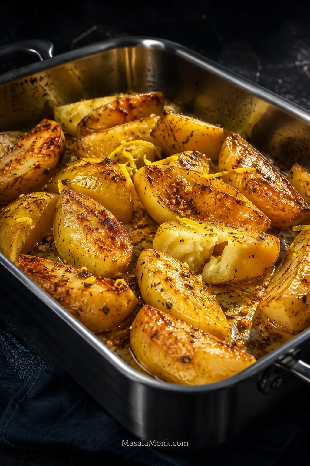 Finished Greek lemon potato wedges in a stainless roasting tray with deeply browned cut faces, softer glossy sides, oregano and concentrated pan juices; one split wedge shows the creamy interior.