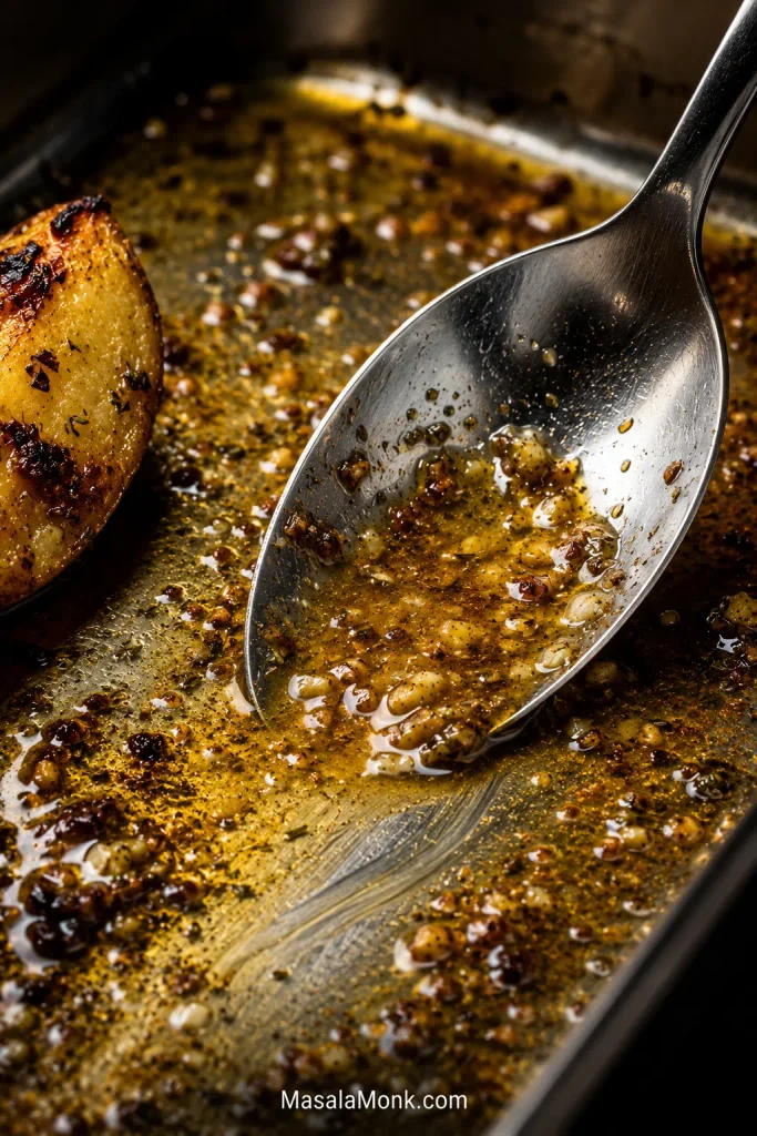 Close-up of a stainless spoon scraping through reduced golden lemon-garlic pan juices with oregano and browned potato bits, leaving a clean streak across the metal roasting pan.