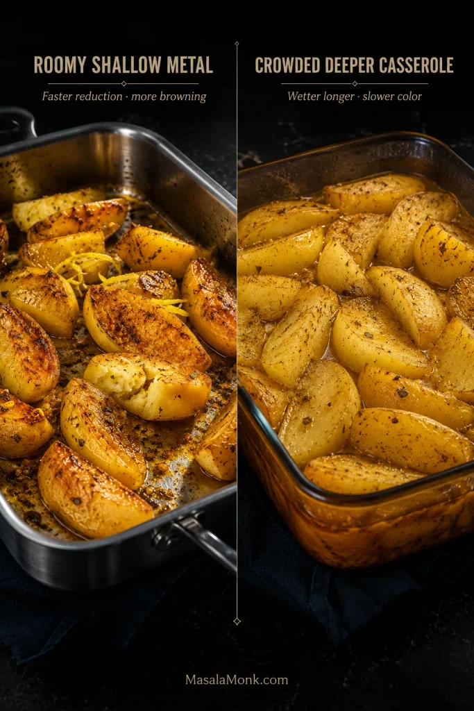 Side-by-side roasting comparison showing more browned potato wedges in a roomy shallow metal pan and wetter, softer-looking potatoes in a deeper crowded casserole.