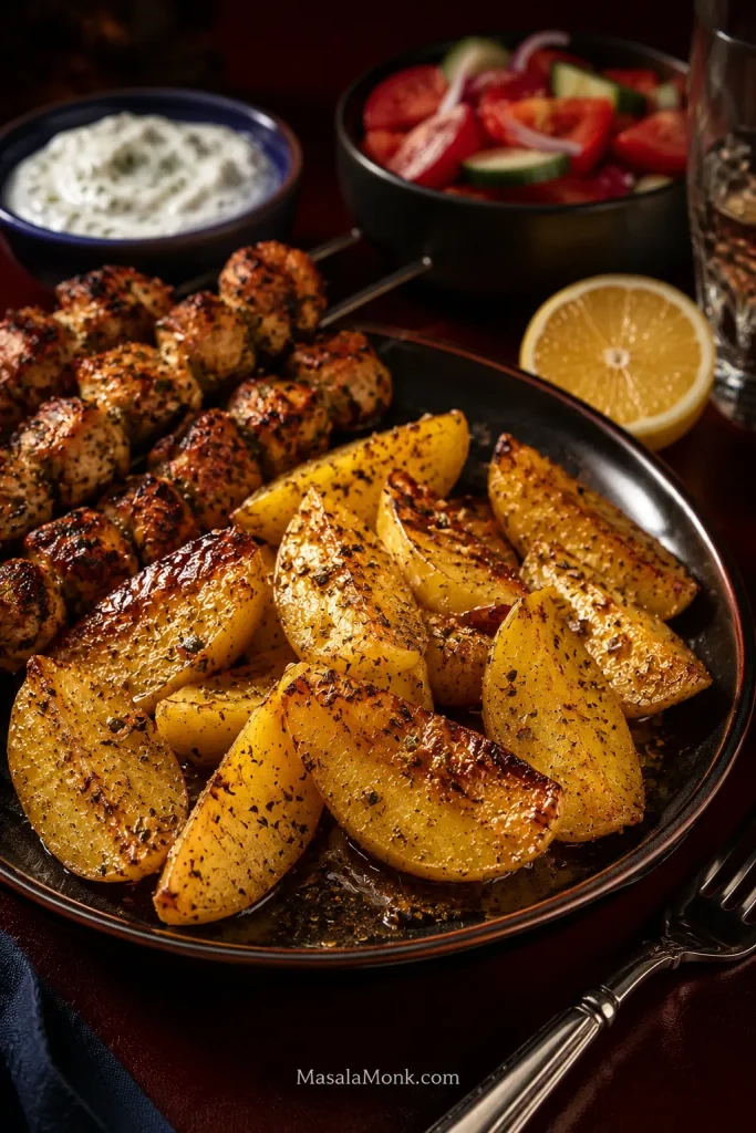 Golden Greek lemon potato wedges served with charred chicken souvlaki, a small bowl of tzatziki, tomato-cucumber salad and fresh lemon on a dark restaurant-style table.