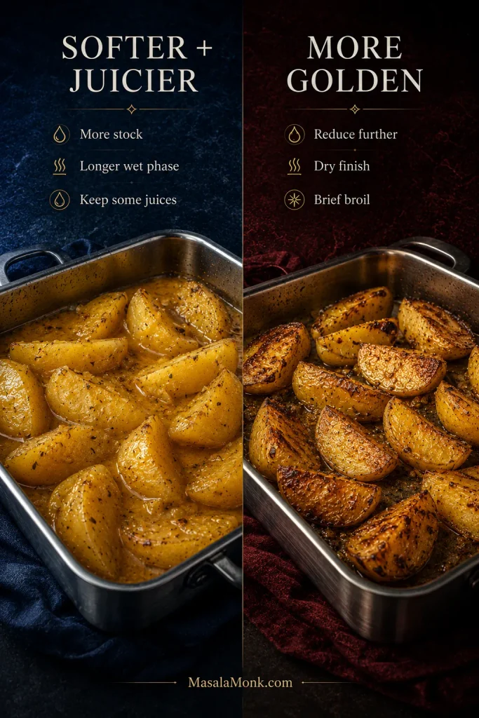 Two styles of Greek lemon potatoes shown side by side: softer, juicier wedges with more pan juices and a more reduced version with deeper golden-brown roasted surfaces.