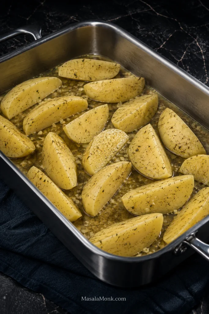Raw peeled potato wedges arranged in one layer in a stainless roasting pan with visible gaps; seasoned stock covers the base and reaches only partway up the wedges.