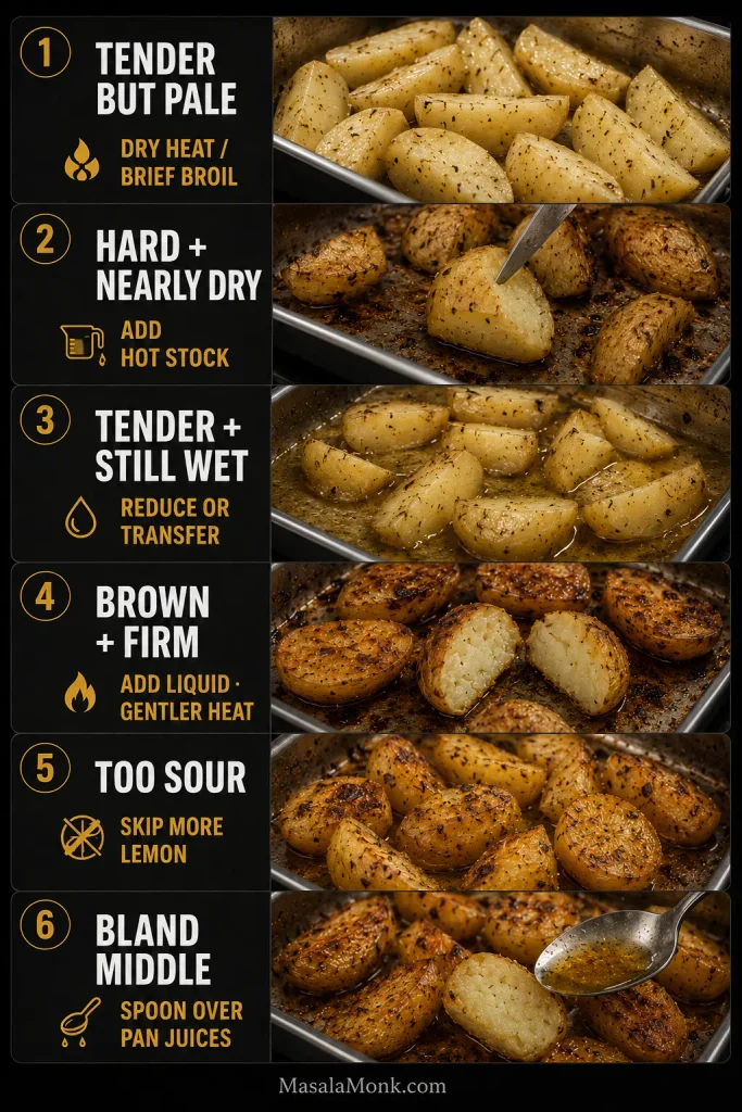 Troubleshooting guide showing six Greek lemon potato problems: tender but pale, hard and nearly dry, tender and still wet, brown but firm, too sour, and a bland center.