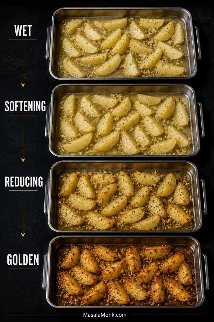 Four-stage guide showing potato wedges progressing from pale and wet, to softening, to reducing with early browning, and finally to golden potatoes with concentrated pan juices.