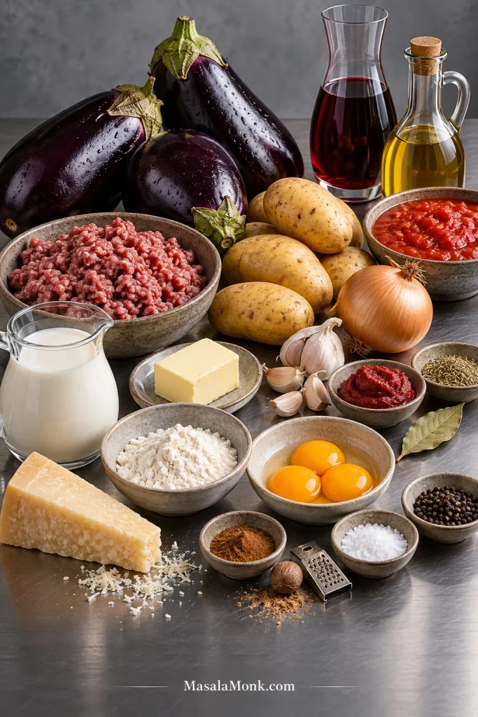 Moussaka ingredients arranged on a metal worktop, including eggplants, potatoes, ground lamb, tomato, onion, garlic, wine, milk, butter, flour, egg yolks, hard cheese and seasonings.