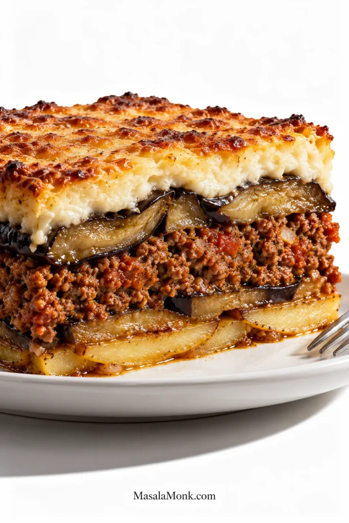 Close side view of a rested moussaka slice showing potato, two roasted eggplant layers, ground lamb filling and thick browned béchamel.