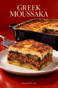 Slice of Greek moussaka on a white plate with a thin potato base, roasted eggplant, ground lamb and browned béchamel, with the casserole behind it.