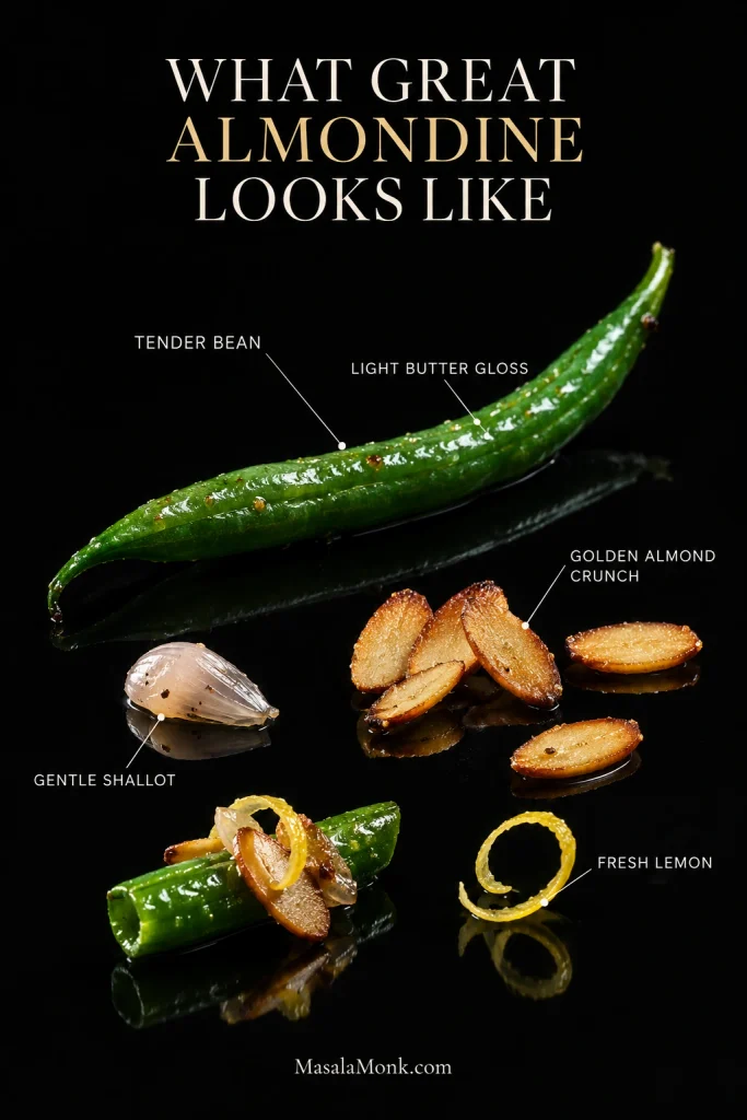 Ingredient study showing a glossy cooked green bean, toasted almond slices, softened shallot, lemon zest and a finished bite, with callouts identifying each element.