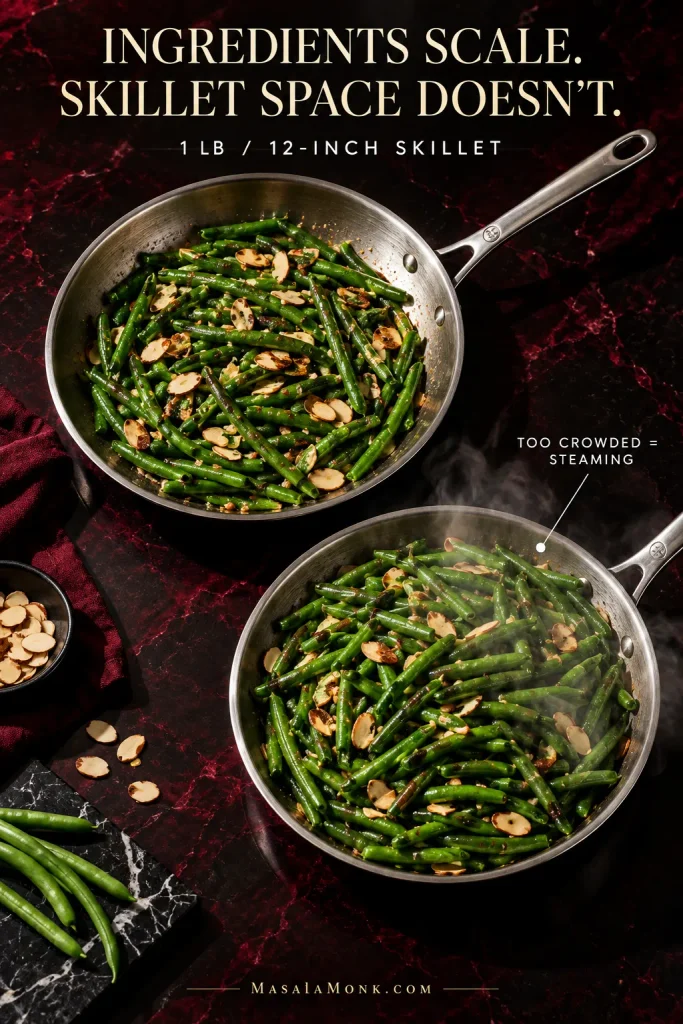 Two skillets comparing properly spaced green beans with an overcrowded, steaming pan, showing why larger batches need more cooking surface.