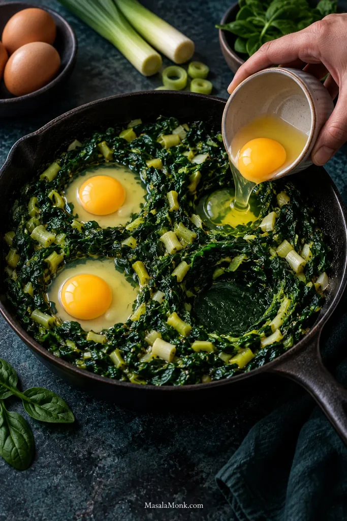 Raw eggs being added to deep wells in cooked spinach and leek. Two eggs are already in place, another is being poured from a small bowl, and one empty well is visible.