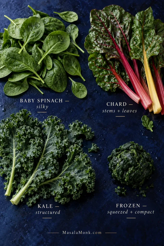 Baby spinach, Swiss chard with colored stems, curly kale and a compact portion of squeezed frozen spinach arranged on a dark blue surface with labels identifying each green.