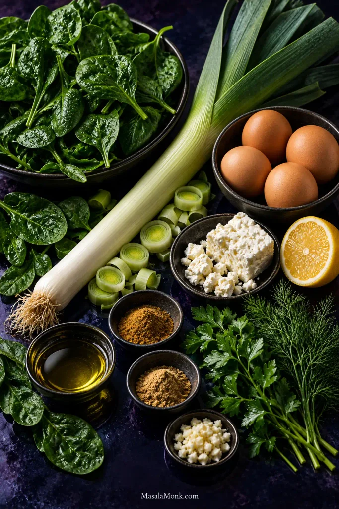 Baby spinach, leek, four eggs, feta, lemon, parsley, dill, olive oil, chopped garlic and small bowls of ground spices arranged on a dark blue-purple surface.