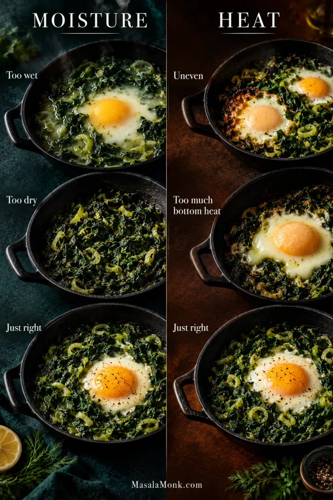 Two-column guide comparing moisture and heat problems in green shakshuka. The moisture side shows a wet base, dry greens and a properly moist base; the heat side shows uneven cooking, excessive bottom heat and properly cooked eggs.
