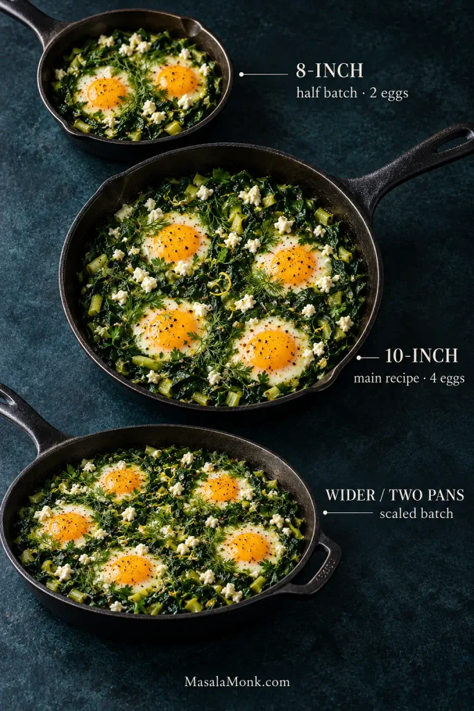 Three skillets showing green shakshuka at different scales: an 8-inch pan with two eggs for a half batch, a 10-inch pan with four eggs for the main recipe, and a wider pan for a larger batch.
