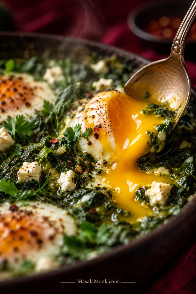 Close-up of a spoon breaking a soft egg yolk in green shakshuka, with golden yolk flowing through cooked spinach, herbs and small pieces of feta.