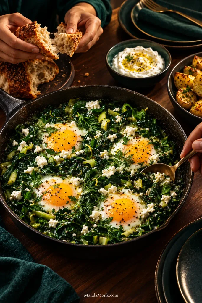 Green shakshuka with four eggs served in a skillet on a dark wooden table, with hands tearing bread and serving the dish beside labneh or yogurt and roasted lemon potatoes.