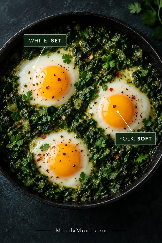 Close view of eggs in green shakshuka with opaque set whites and glossy soft yolks. Callouts identify “WHITE: SET” and “YOLK: SOFT.”
