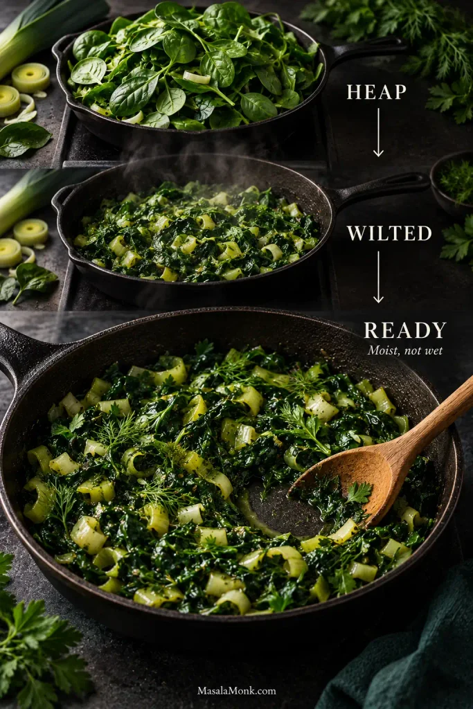 Three stages of spinach cooking in a skillet: a large heap of fresh spinach, wilted spinach with visible moisture, and cooked spinach with a spoon making a hollow that holds its shape. Labels read “HEAP,” “WILTED,” “READY,” and “Moist, not wet.”