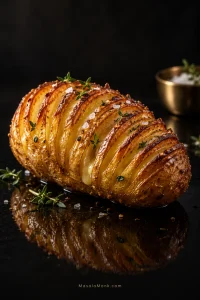 Golden Hasselback potato fanned open on a dark glossy surface, with crisp browned ridges, herbs, coarse salt and melted butter visible between the slices.