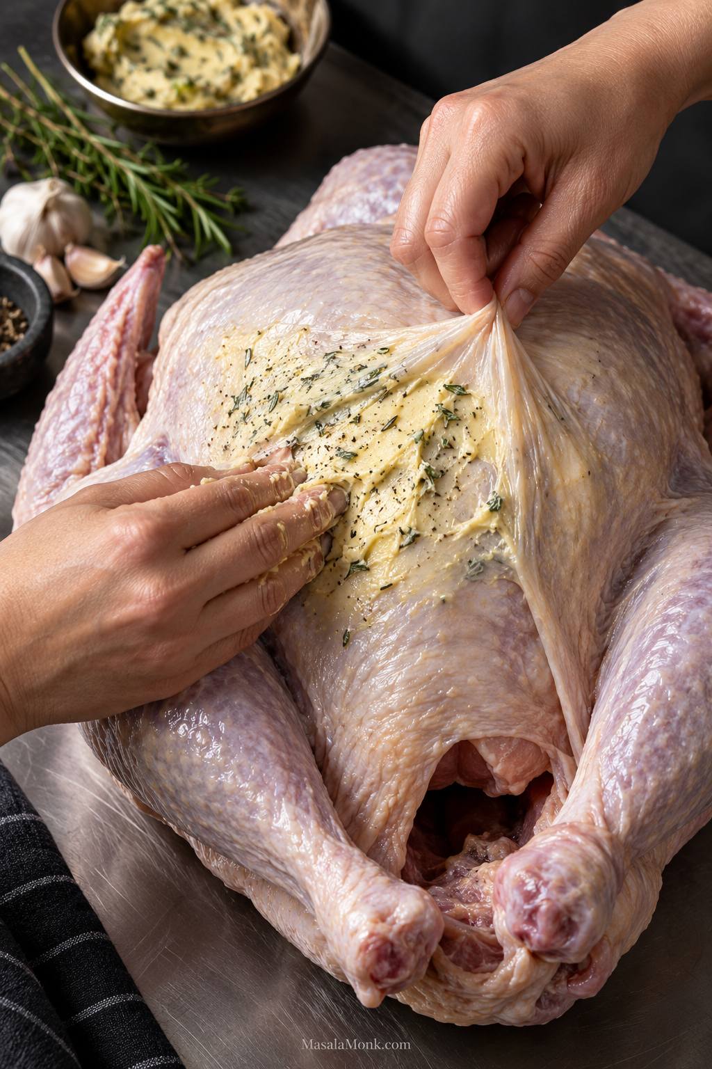 Close-up of hands gently spreading garlic-and-herb butter underneath the breast skin of a raw turkey.