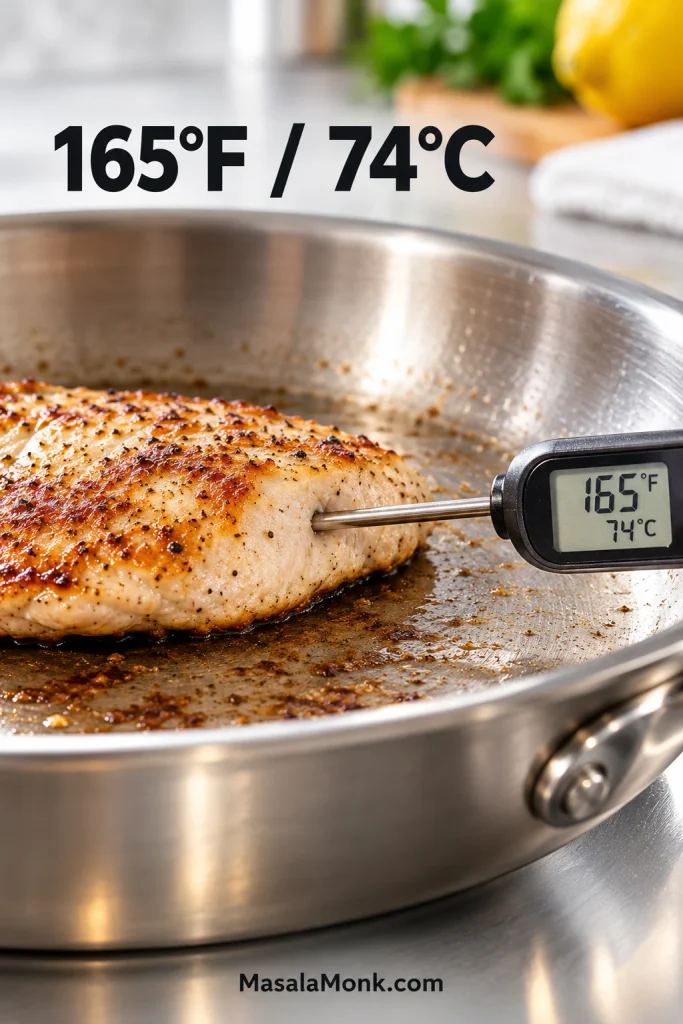 Digital instant-read thermometer inserted horizontally into the side of a cooked chicken breast cutlet, with the display showing 165°F and 74°C.