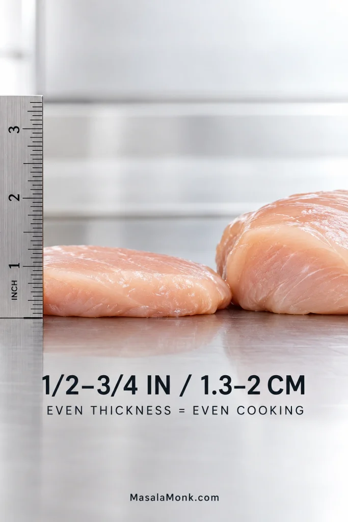 Side-by-side chicken breast thickness comparison: a broad cutlet about one-half to three-quarters inch thick beside a much thicker whole breast section, shown with a ruler.