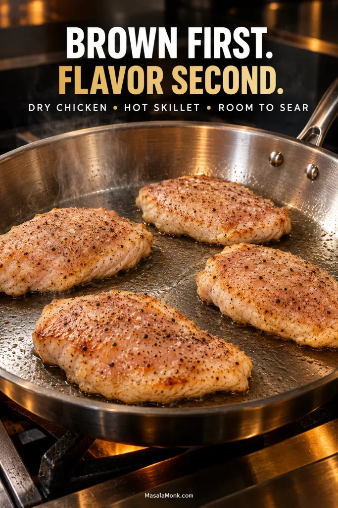 Broad chicken breast cutlets spaced apart in a hot skillet with bare metal visible between them, illustrating dry chicken, high heat and room for searing.