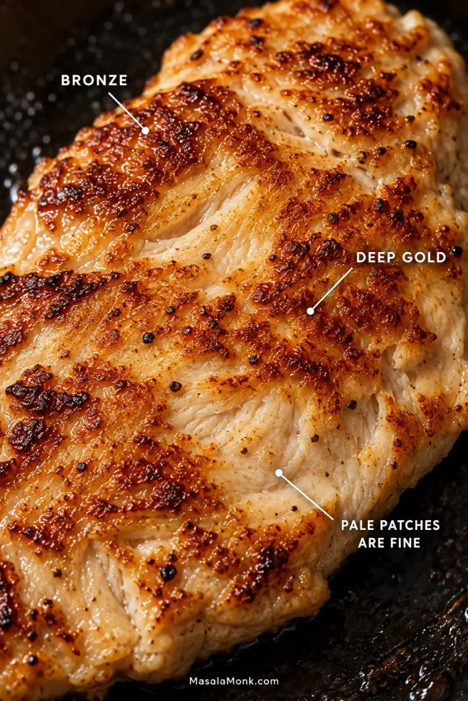 Extreme close-up of skillet-seared chicken showing irregular bronze, deep-gold and lighter cooked patches, with labels identifying the different browning levels.