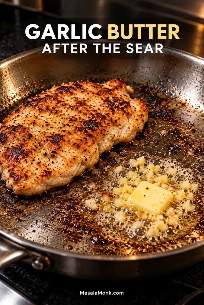 Browned chicken cutlet on one side of a skillet while a small amount of butter and minced garlic melts and bubbles over brown fond on the exposed pan surface.