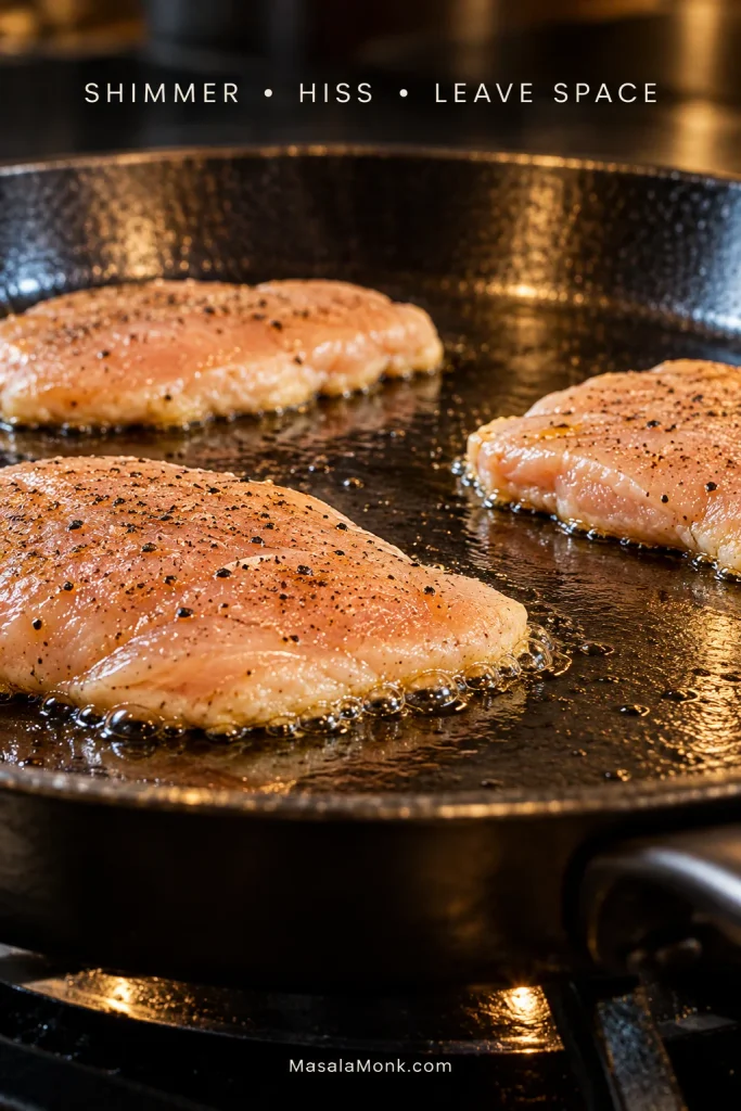 Thin chicken breast cutlets searing with open skillet space between them and small bubbles forming around the contact edges in a thin film of hot oil.