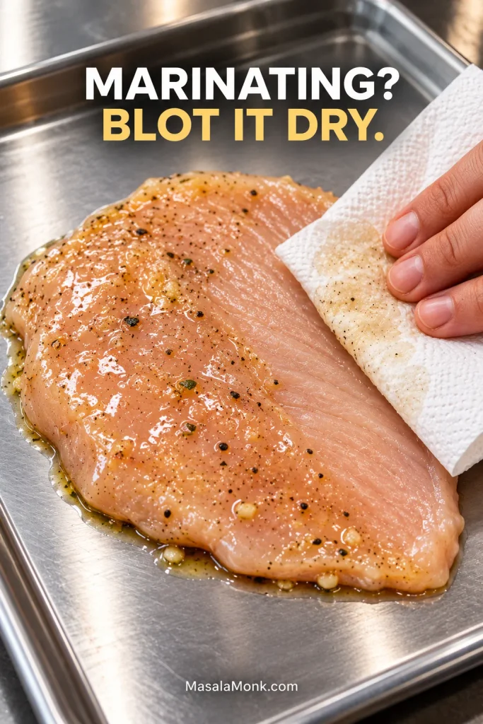 Raw marinated chicken breast cutlet on a stainless tray as a white paper towel blots part of the wet surface, leaving the blotted area visibly drier.