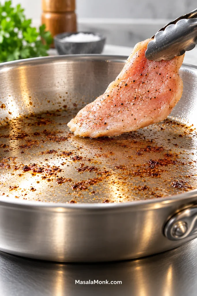 Thin raw chicken breast cutlet held with tongs just above a mostly empty skillet containing browned fond and a thin hot oil film from the previous batch.