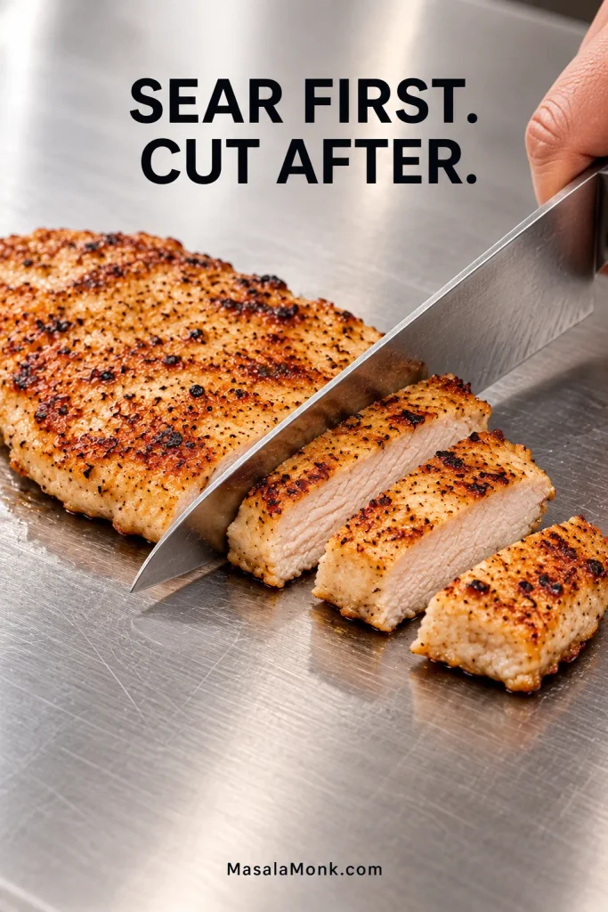 Broad cooked chicken breast cutlet being sliced with a chef's knife into bite-size pieces on a stainless surface, with moist cut interiors visible.